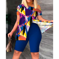 Plus Size Abstract Geometric Print Slit Top & Shorts Set - blue