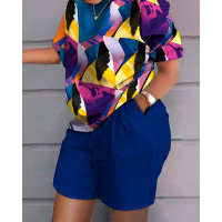 Plus Size Abstract Geometric Print Top & Pocket Design Shorts Set - blue