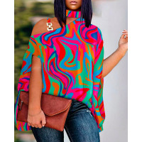 Plus Size Abstract Print Cold Shoulder Chain Decor Top - Multicolor