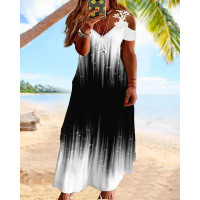 Plus Size Abstract Print Colorblock Casual Dress - black