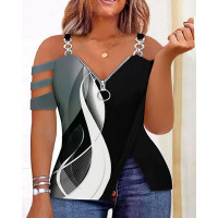 Plus Size Abstract Print Colorblock Cold Shoulder Ladder Cutout Split Top - black