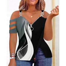 Plus Size Abstract Print Colorblock Cold Shoulder Ladder Cutout Split Top - black