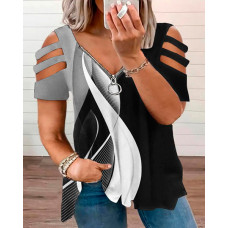 Plus Size Abstract Print Colorblock Cutout Zipper Design T-Shirt - black