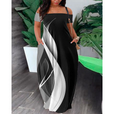 Plus Size Abstract Print Colorblock Off Shoulder Maxi Dress - black