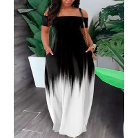 Plus Size Abstract Print Colorblock Off Shoulder Maxi Dress - white