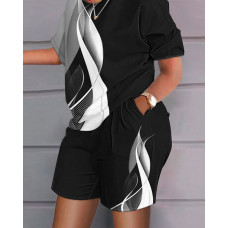 Plus Size Abstract Print Colorblock Top & Shorts Set - black