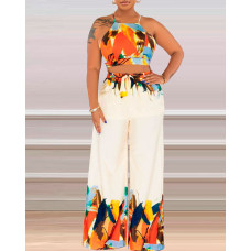 Plus Size Abstract Print Crisscross Backless Cami Top & Wide Leg Pants Set - orange