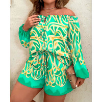 Plus Size Abstract Print Off Shoulder Top & Drawstring Shorts Set - green