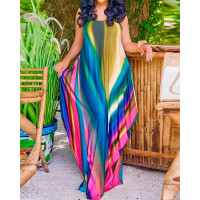 Plus Size Abstract Print Ruched Pocket Design Maxi Dress - Multicolor