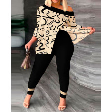 Plus Size Abstract Print Skew Neck Split Hem Top & Pants Set - black