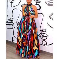 Plus Size Abstract Print Sleeveless Maxi Dress - red