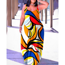 Plus Size Abstract Print Spaghetti Strap Maxi Dress - orange