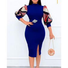 Plus Size Abstract Print Split Hem Puff Sleeve Work Dress - blue