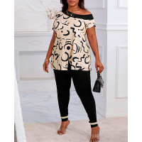 Plus Size Abstract Print Split Hem Top & Pants Set - black