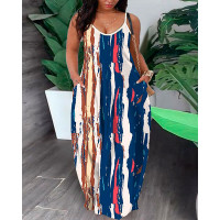 Plus Size Abstract Print Striped Cami Maxi Dress - blue