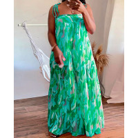 Plus Size All Over Print Shirred Wide Leg Jumpsuit - green