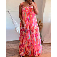 Plus Size All Over Print Shirred Wide Leg Jumpsuit - hot pink