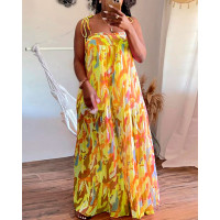 Plus Size All Over Print Shirred Wide Leg Jumpsuit - yellow