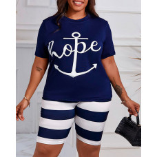 Plus Size Anchor Letter Print Casual Top & Striped Shorts Set - blue