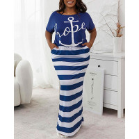 Plus Size Anchor Letter Print Top & Striped Skirt Set - blue