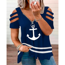 Plus Size Anchor Print Striped Colorblock Cutout Zipper Design T-Shirt - blue