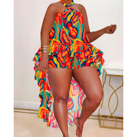 Plus Size Asymmetrical Ruffles Top & Shorts Set - Multicolor