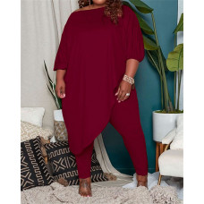 Plus Size Asymmetrical Top & Pants Set - Wine red