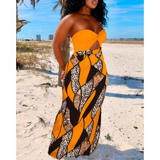 Plus Size Baroque Leopard Print Bandeau Twisted Maxi Dress - dark yellow