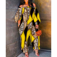 Plus Size Baroque Leopard Print Off Shoulder Jumpsuit - yellow