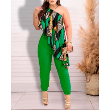 Plus Size Baroque Leopard Print One Shoulder Ruffles Jumpsuit - green