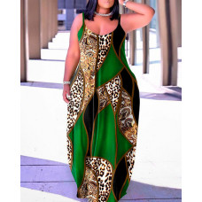 Plus Size Baroque Leopard Print Spaghetti Strap Maxi Dress - green