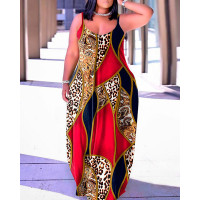 Plus Size Baroque Leopard Print Spaghetti Strap Maxi Dress - red