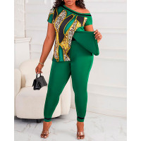 Plus Size Baroque Leopard Print Split Hem Top & Pants Set - green