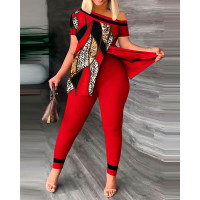 Plus Size Baroque Leopard Print Split Hem Top & Pants Set - red