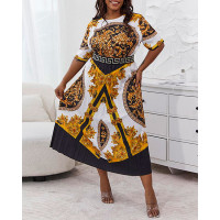 Plus Size Baroque Print Short Sleeve Pleated Dress - gold