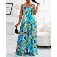 Plus Size Baroque Print Wide Leg Jumpsuit - blue