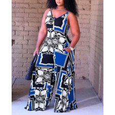 Plus Size Baroque Scarf Print Wide Leg Jumpsuit - blue