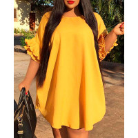 Plus Size Bell Sleeve Curved Hem Casual Dress - yellow