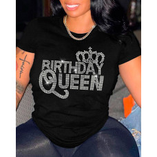 Plus Size Birthday Queen Rhinestone Casual T-shirt - black