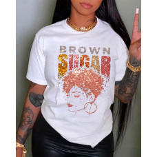 Plus Size Brown Sugar Afro Queen Print Casual T-shirt - white