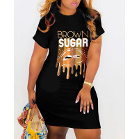 Plus Size Brown Sugar Lip Print Crew Neck Casual T-shirt Dress - black