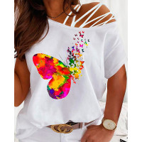 Plus Size Butterfly Print Cold Shoulder Top - white