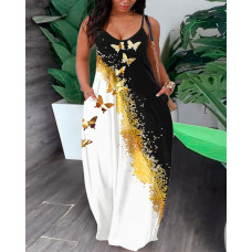 Plus Size Butterfly Print Colorblock Sleeveless Maxi Dress - blackwhite