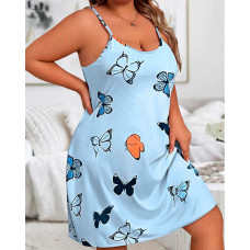 Plus Size Butterfly Print Scoop Neck Sleep Dress - blue