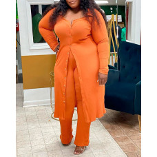 Plus Size Buttoned Longline Coat & Pants Set - orange