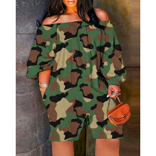 Plus Size Camouflage Print Off Shoulder Casual Romper - green