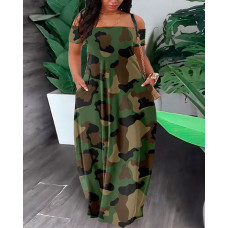 Plus Size Camouflage Print Off Shoulder Maxi Dress - camoflage