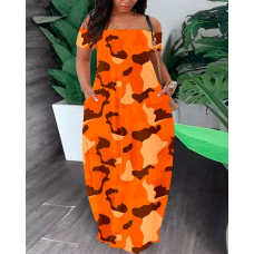 Plus Size Camouflage Print Off Shoulder Maxi Dress - orange