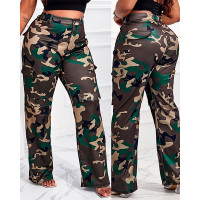 Plus Size Camouflage Print Pocket Design Cargo Pants - green