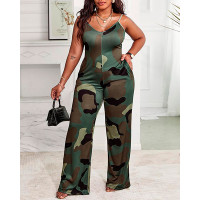 Plus Size Camouflage Print Spaghetti Strap Jumpsuit - green